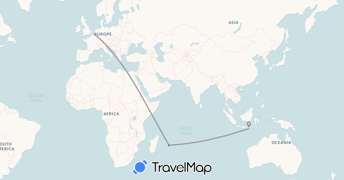 TravelMap itinerary: driving, plane in Belgium, Indonesia, Mauritius (Africa, Asia, Europe)